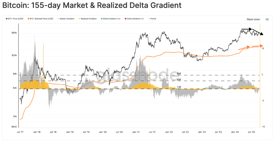 Bitcoin 155-day Market & Realized Delta Gradient chart